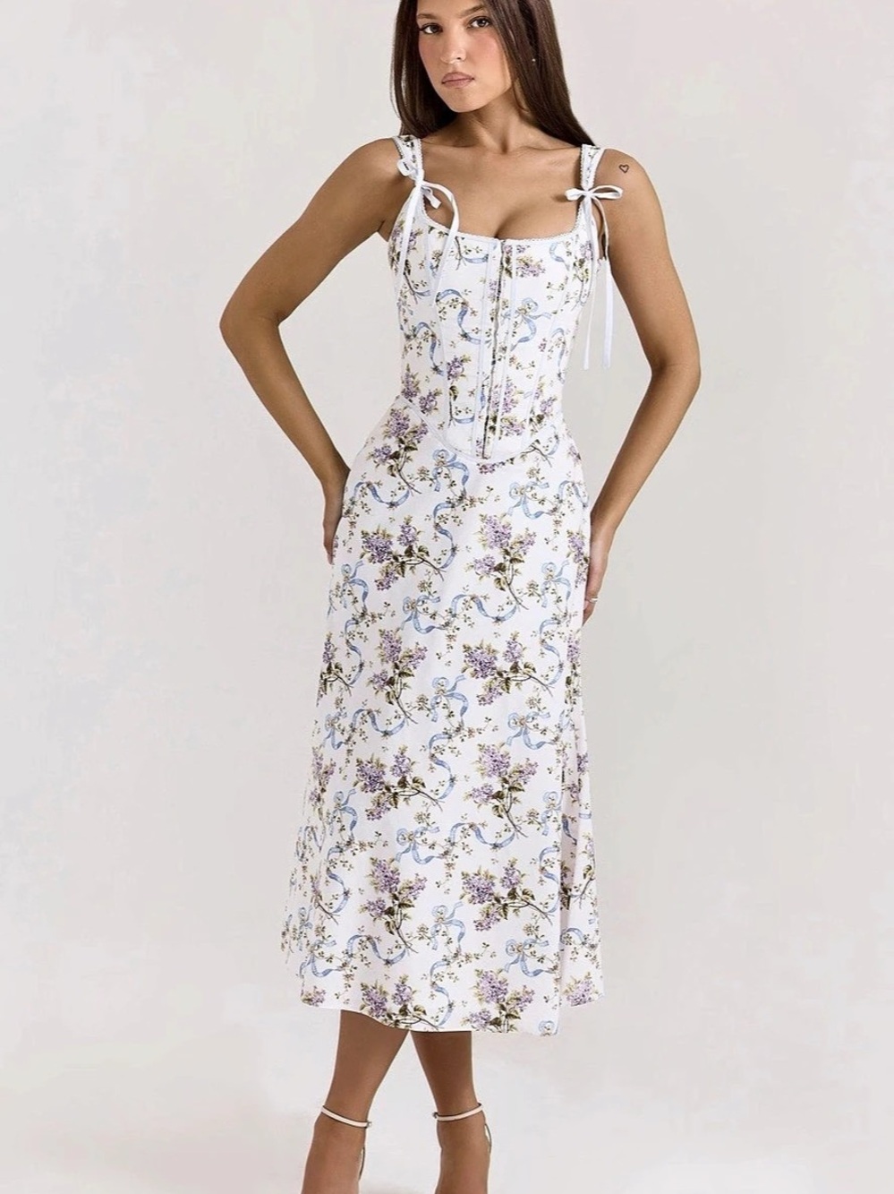 House of CB Dionne Floral Corset Midi Dress White & Purple Like New
